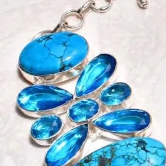 Gorgeous Tibetan Turquoise + Blue Topaz cluster statement cuff bracelet - Picture 9 of 15